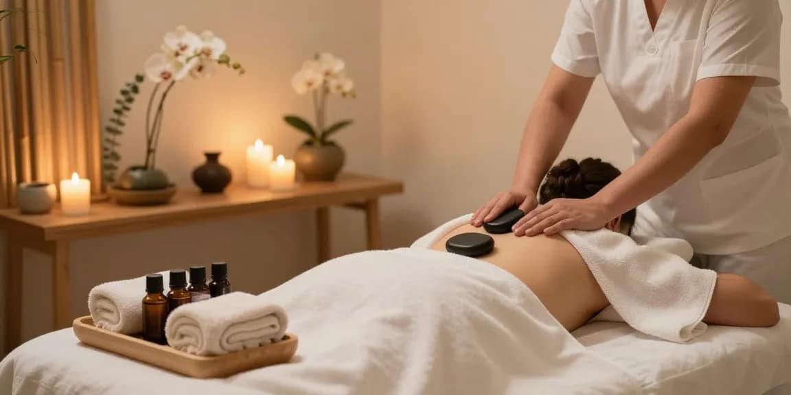 ALO8 spa treatment room featuring hot stone massage therapy for ultimate relaxation and rejuvenation.