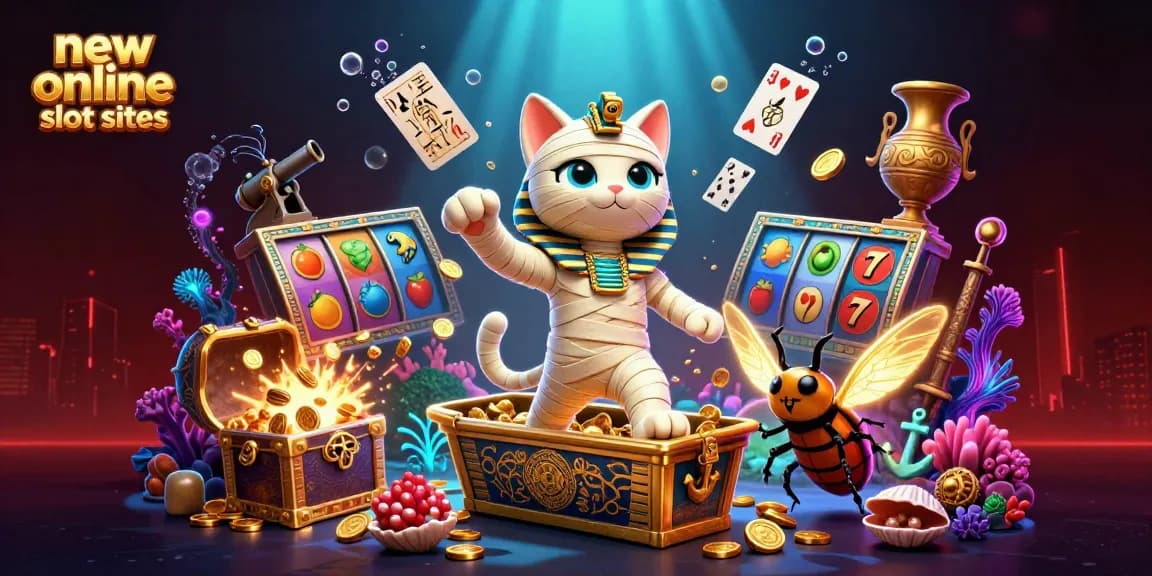 Engage with new online slot sites through a dynamic 3D illustration featuring a mummy cat and magical artifacts.