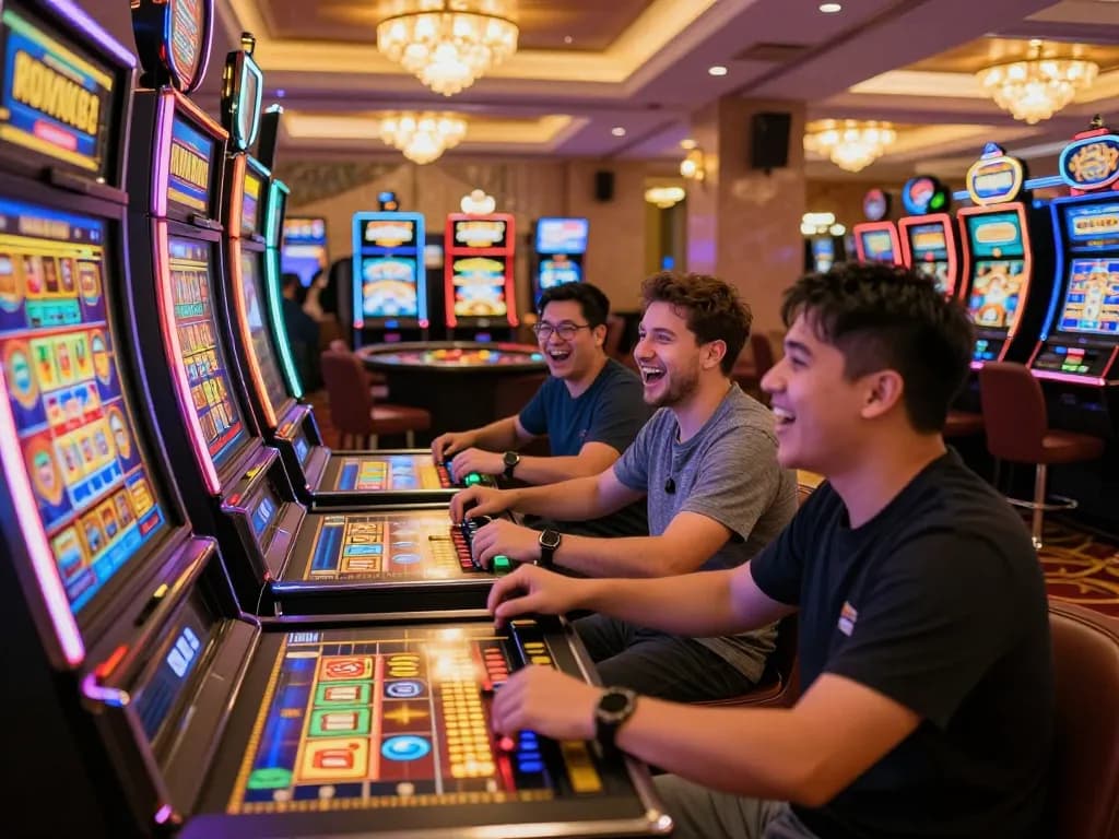 Engaging players celebrate winning moments at rokok88 slot machines in a vibrant casino atmosphere.