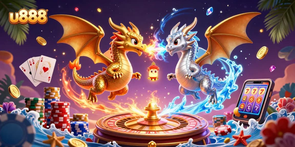 Engage with u888's thrilling world of gaming as dragons soar in this dynamic casino scene.