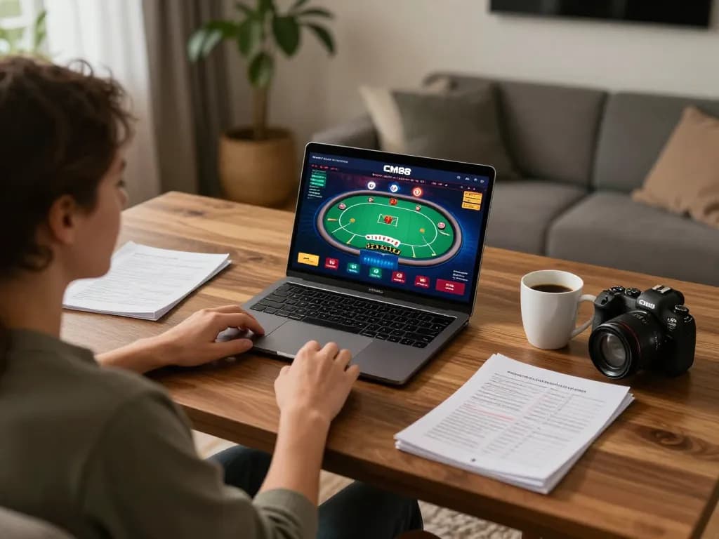 Engaging gameplay at CM88 online casino on a laptop, revealing poker strategies and cozy home atmosphere