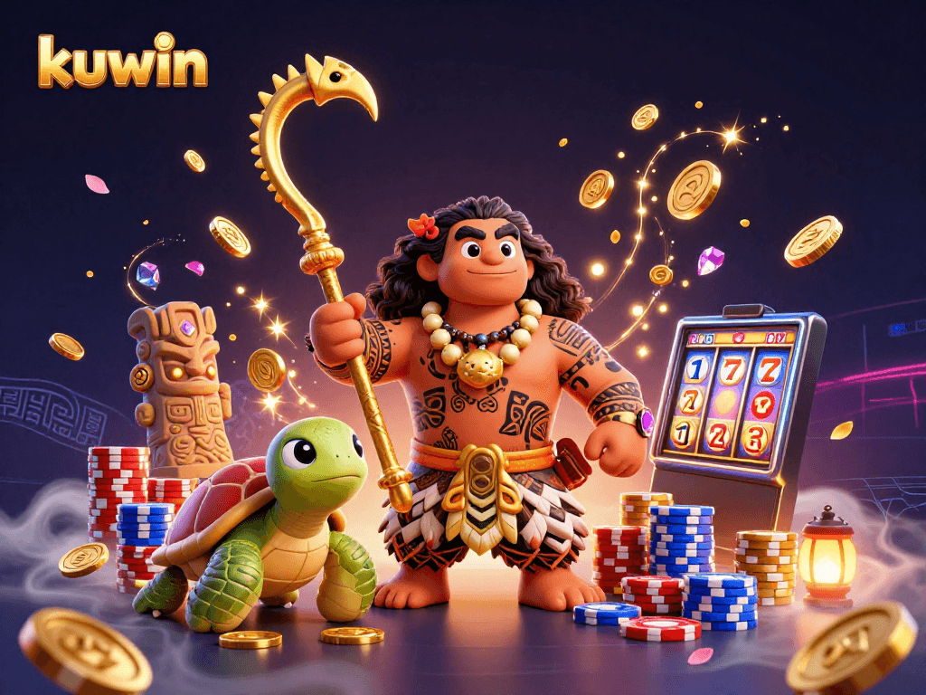 kuwin casino action scene with demigod hawk and turtle amid glowing coins and colorful poker chips