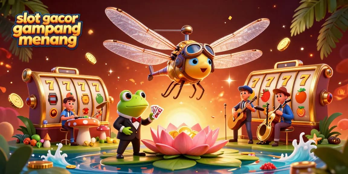 Experience thrilling gaming visuals of slot gacor gampang menang at a vibrant lily pad casino.