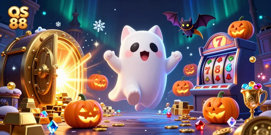 Play slots with QS 88 amidst a vibrant casino haunted by mystical characters.