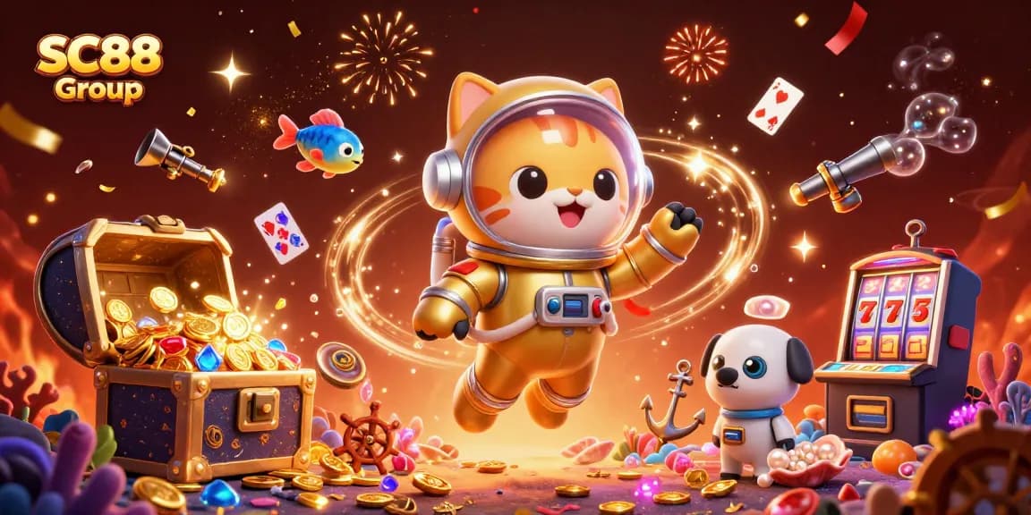 Engage with SC88 Group's captivating casino scene featuring a space astronaut cat and lively game elements.