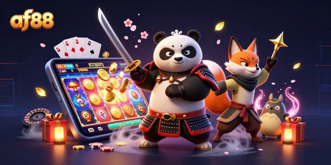 Experience thrilling gaming adventures with af88's dynamic 3D casino illustration featuring samurai panda.