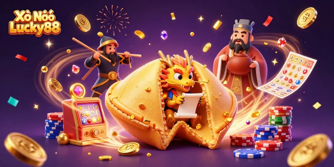 Xổ Số Lucky88 showcases exciting lottery symbols and colorful bingo cards in a captivating casino scene
