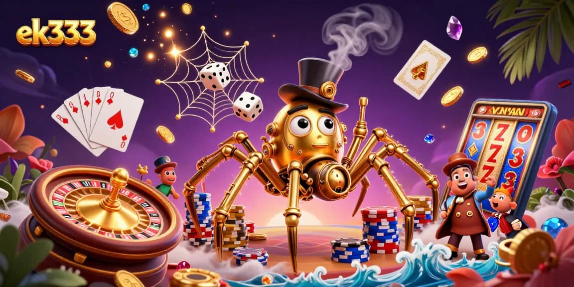 Engage with ek333's thrilling casino scene featuring a golden spider weaving fortunes.