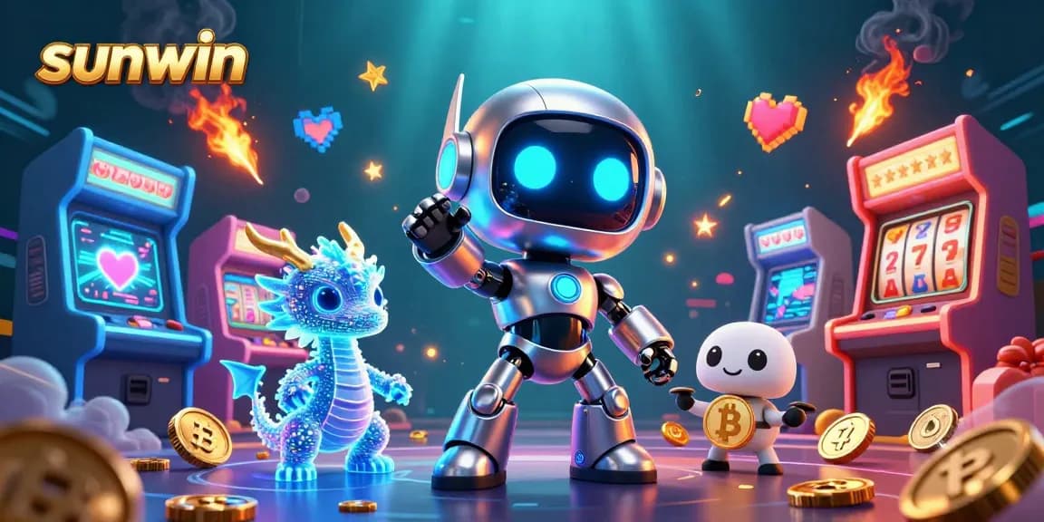 Experience an exciting slot game adventure at sunwin with our vibrant robot mascot and AI companions.