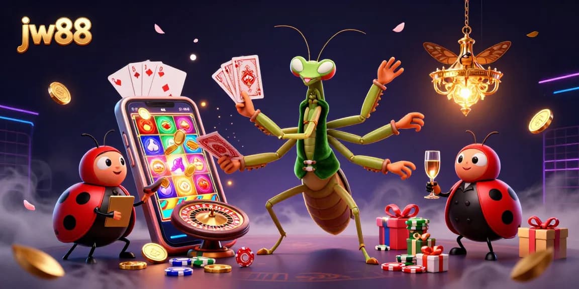 jw88 casino illustration showcasing a giant praying mantis and ladybug characters amidst slot games and vibrant casino elements.