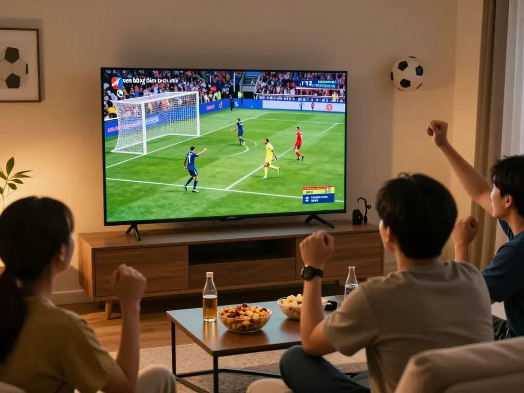 Excited viewers enjoying xem bóng đá trực tuyến, celebrating a goal on TV with snacks and drinks, in a cozy living room.