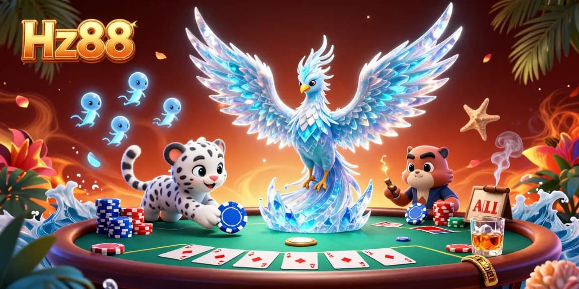 Experience the thrill of Hz88 poker with a vibrant ice phoenix and snow leopard in a dazzling casino scene.