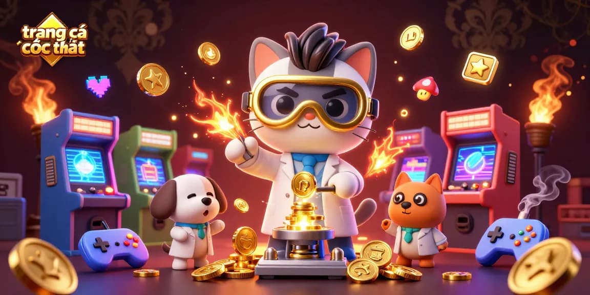 Experience the thrill of trang cá cược uy tín with an engaging 3D casino illustration of a mad scientist cat and dog creating gold coins
