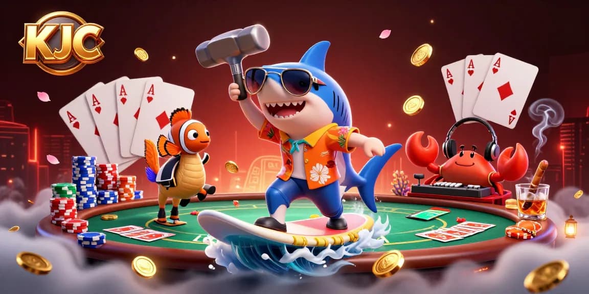 KJC captivates players with a vibrant 3D scene featuring a shark and friends, showcasing poker elements in an exciting casino atmosphere.
