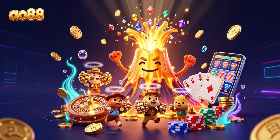 Spin to win at ao88 with treasure-laden volcano and vibrant casino elements.