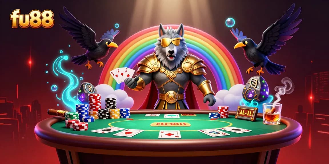 fu88 illustrates a vibrant casino scene with Odin and ravens, showcasing poker excitement and colorful chips.