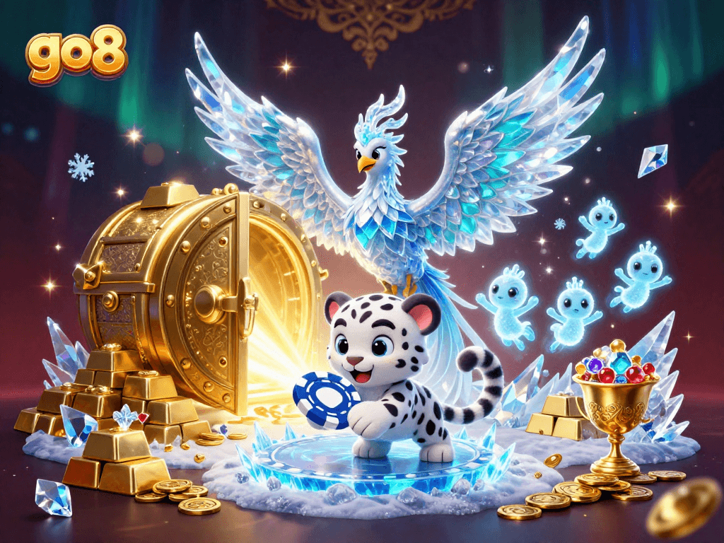 Experience the magic of go8 gaming with a fantasy scene of an ice phoenix amidst dazzling treasures.