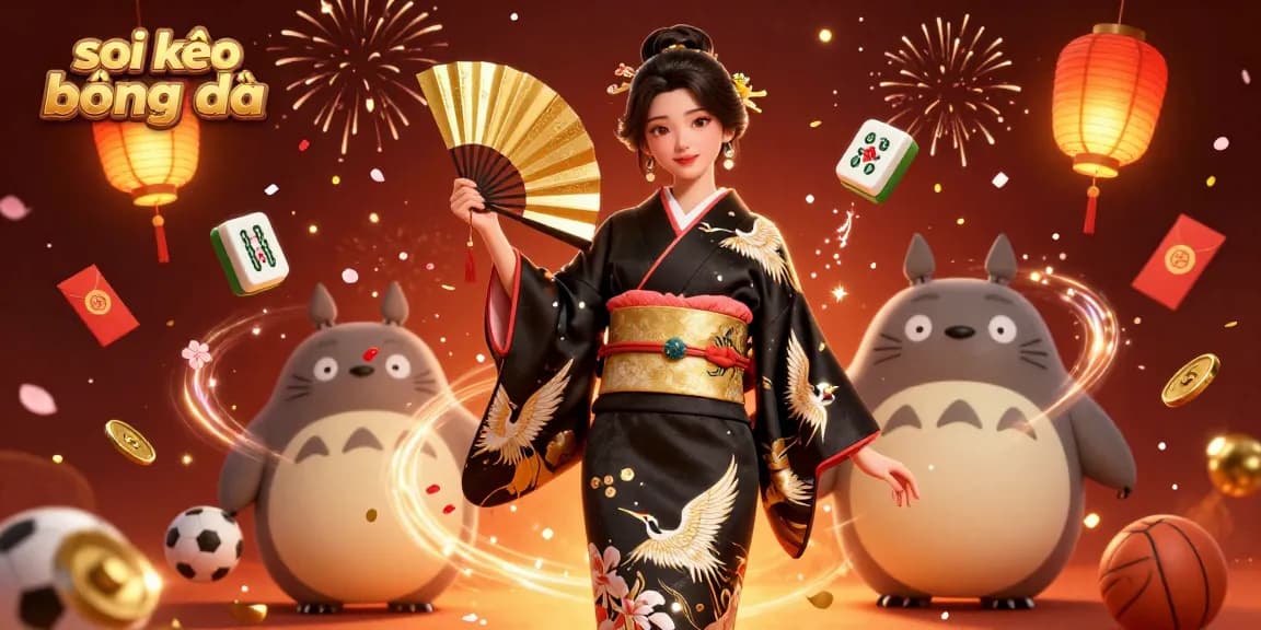 Soi kèo bóng đá scene with an Asian woman in kimono and a cartoon tanuki, surrounded by festive gambling elements.