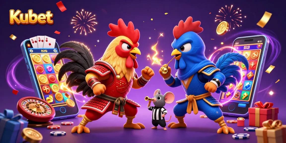 Kubet highlights thrilling gambling action with 3D roosters in an intense showdown, showcasing vibrant casino elements.