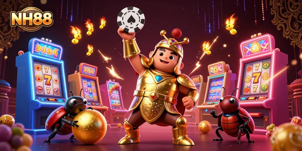 Experience winning excitement at NH88 with a dynamic illustration featuring a heroic beetle and slot machines