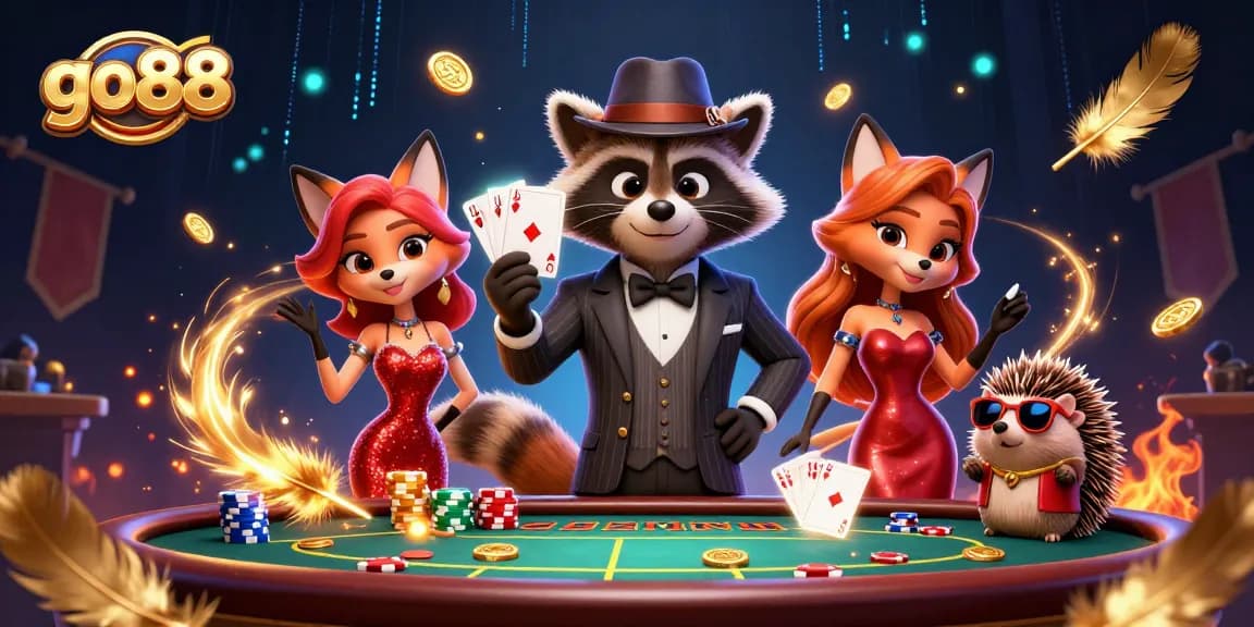 Engage in thrilling poker action with go88, featuring a suave raccoon, glamorous fox, and hedgehog bouncer.