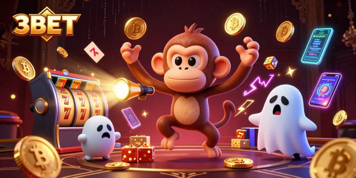 3BET showcases a vibrant casino scene with a playful poltergeist monkey juggling coins, immersing bettors in excitement.