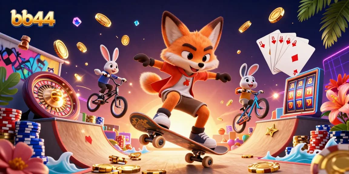 Experience winning moments at bb44 with vibrant cartoon-style characters in a lively casino scene.