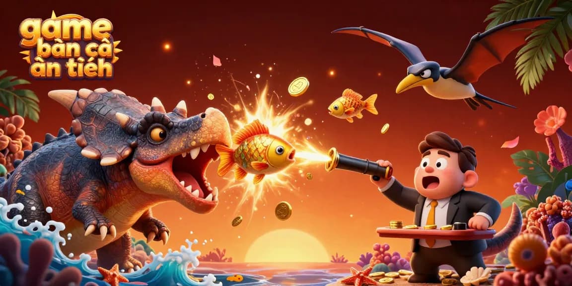 Engage in the action of game bắn cá ăn tiền where a 3D cartoon dinosaur shoots fish in a vibrant underwater scene.