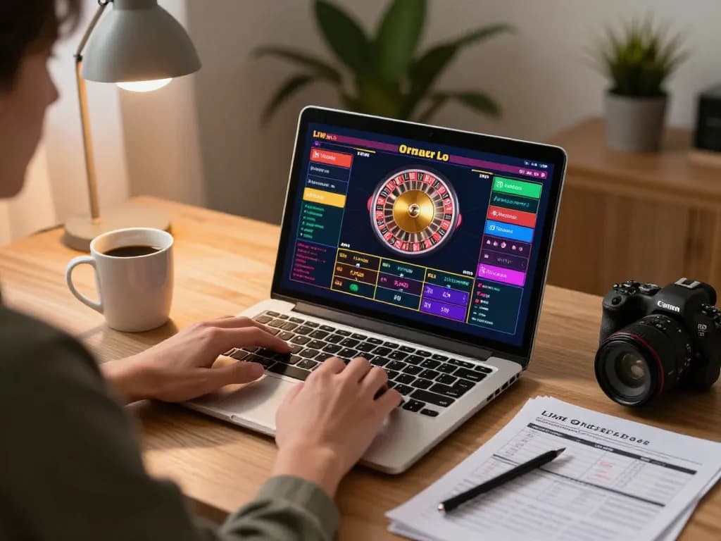 Engage with go8 at home using laptop for live casino roulette action, strategic notes visible