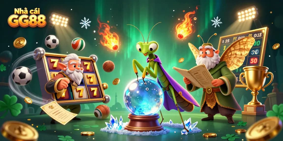 Experience thrilling games at Nhà cái GG88 with dynamic slot reels, sports elements, and mystical characters.