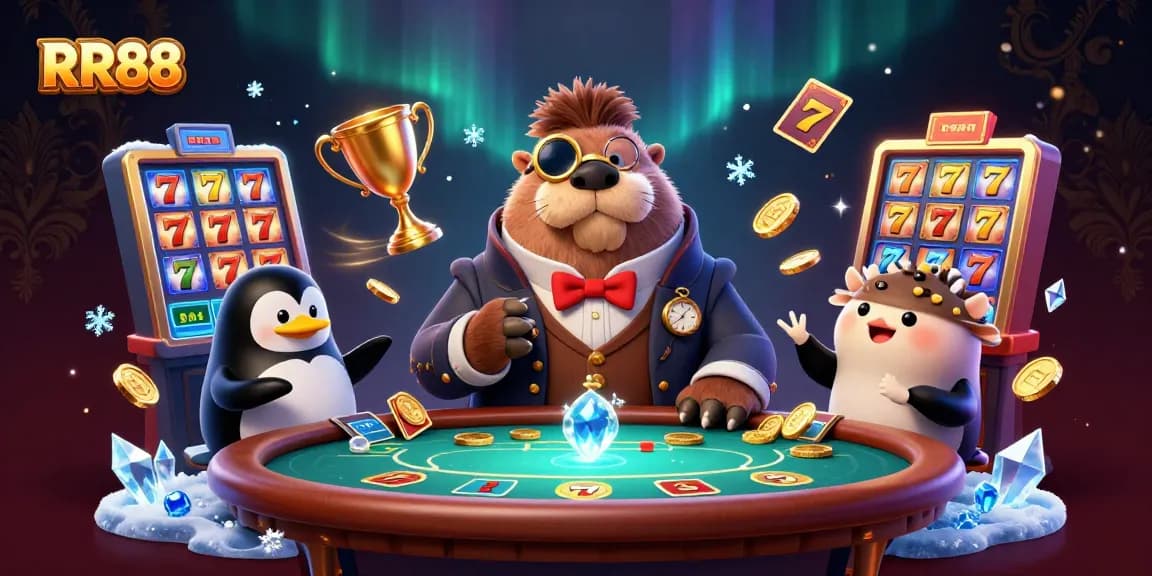 Visualize RR88's thrilling casino experience with a jolly walrus, penguin dealer, and pufferfish at a poker table.