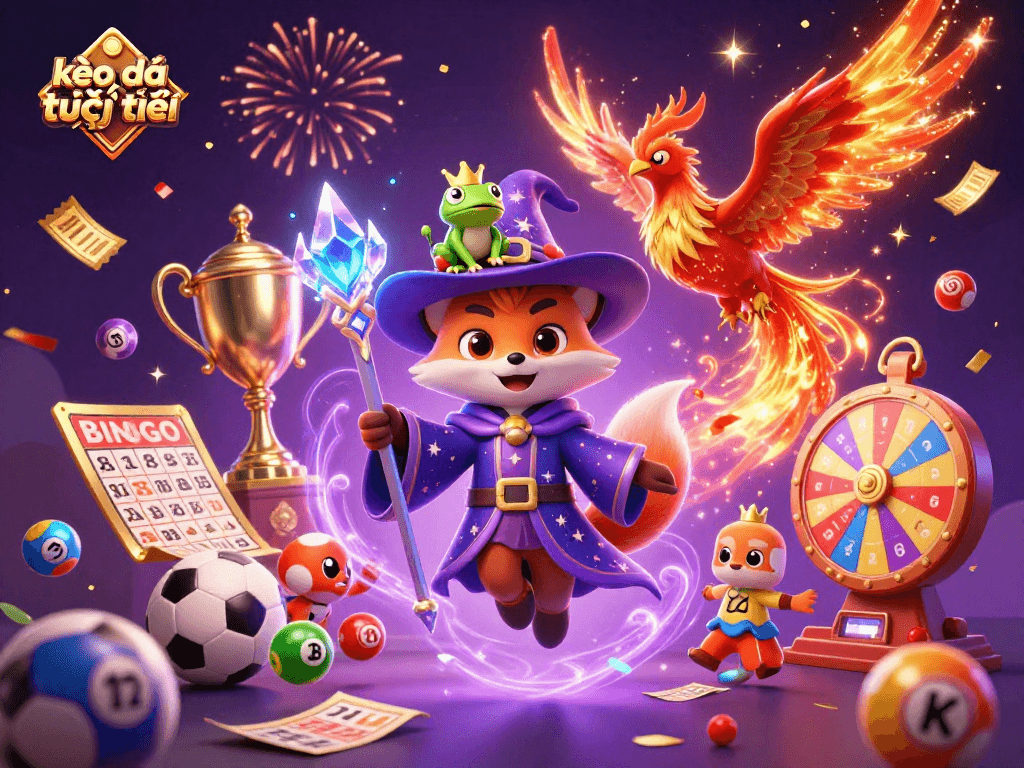 Engaging illustration of kèo bóng đá trực tuyến with a wizard fox and phoenix in a dynamic sports betting scene.