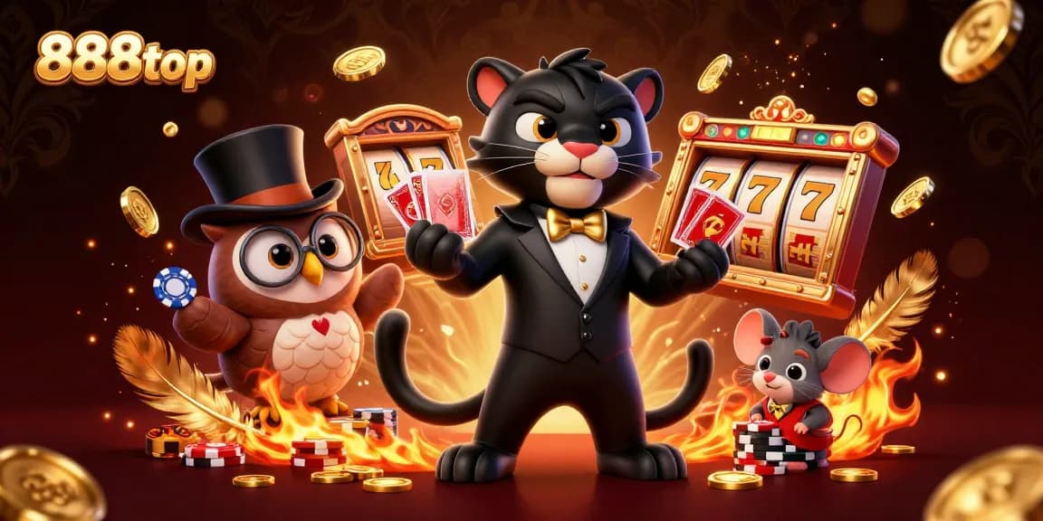 Delight in the vibrant world of 888top as the panther deals cards against a backdrop of swirling golden coins and vibrant casino elements.
