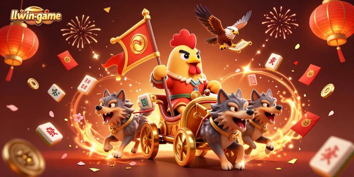Engage with llwin-game featuring a dynamic scene of casino adventure, showcasing the rooster warlord and festive elements.