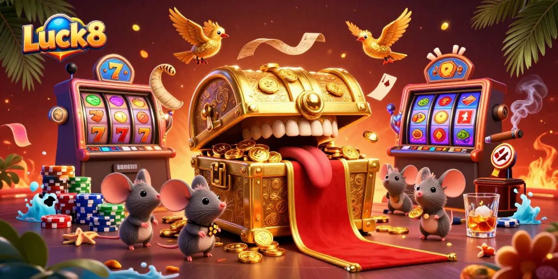Experience Luck8’s thrilling slot action with vibrant treasures and casino excitement in a lively illustration.