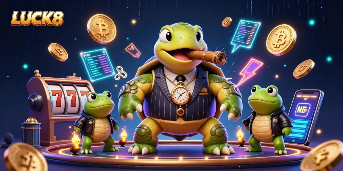 LUCK8 illustrates a vibrant casino scene with a turtle mobster and frog enforcers, surrounded by slot reels and cryptocurrency coins.