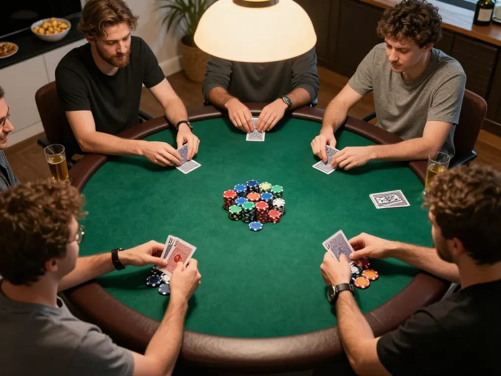 23Win players strategizing during an exciting home poker game, colorful chips and warm lights creating an engaging atmosphere.