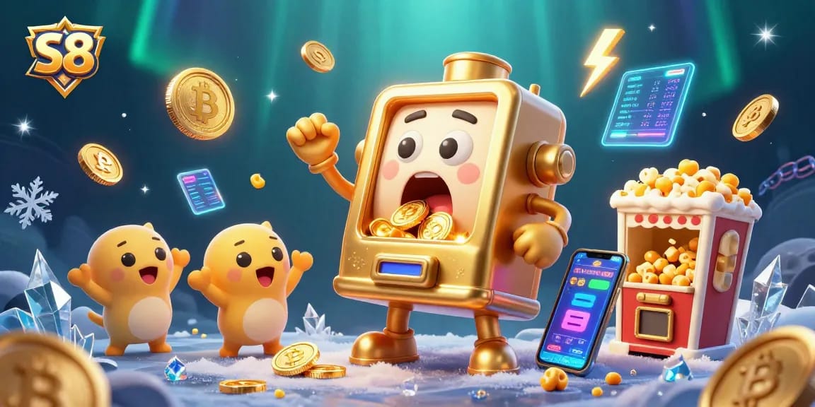 S8 celebrates big wins with a vibrant scene of a golden slot machine jackpot surrounded by cheering machines.