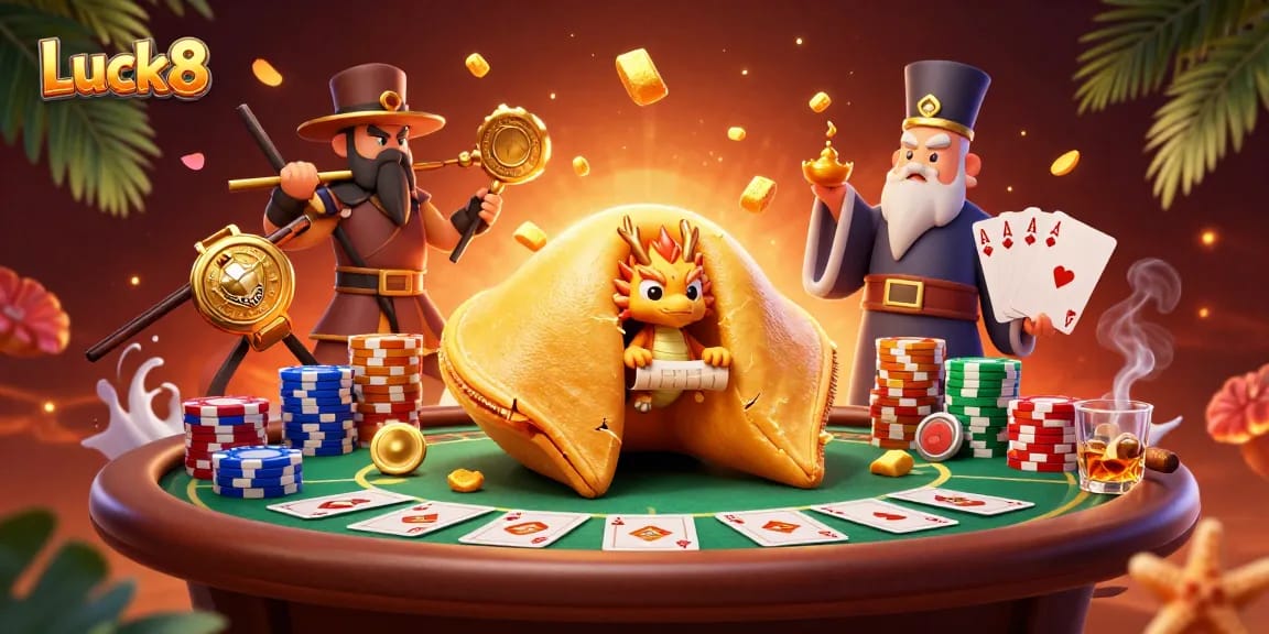 Luck8 showcases a vibrant illustration of an engaging casino scene with treasure and poker elements.