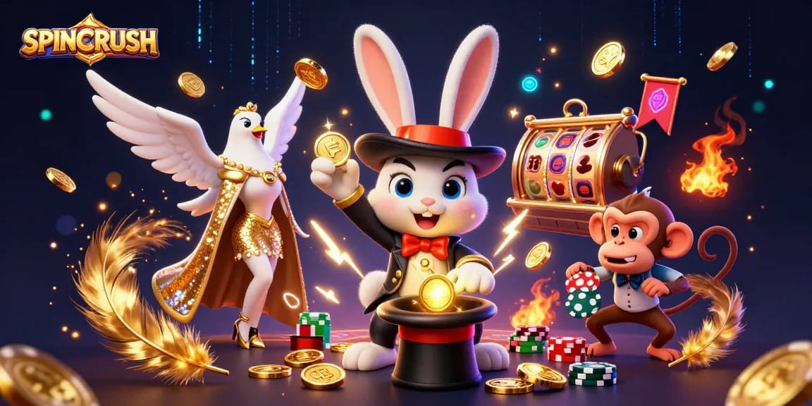 SPINCRUSH gaming experience illustrated with magician rabbit, dove, and monkey interacting among slot reels and gold