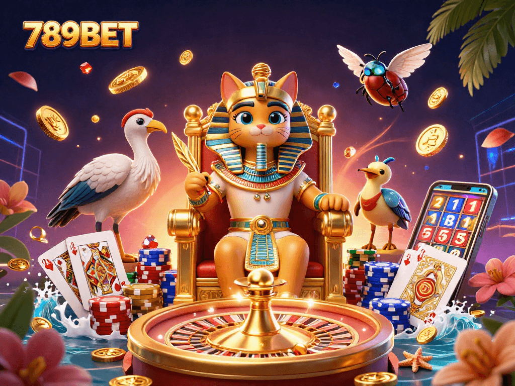Engage with 789BET as the Egyptian pharaoh cat presides over a vibrant casino scene filled with thrilling game elements.