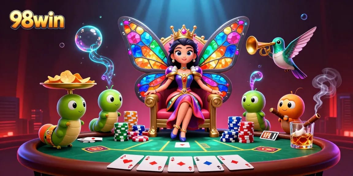 Experience thrilling gameplay at 98win with a vibrant casino scene featuring poker elements and enchanting characters.