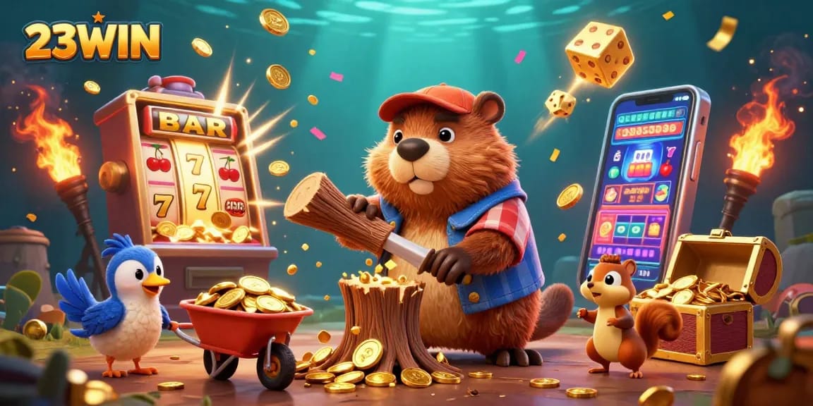 Experience thrilling jackpots with 23WIN's vibrant casino world filled with winning symbols and characters.