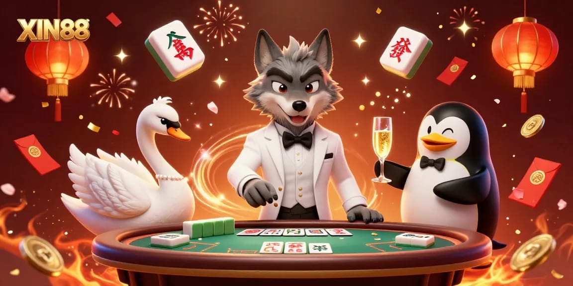 Experience thrilling betting at XIN88 with a vibrant casino illustration of a wolf, swan, and penguin.