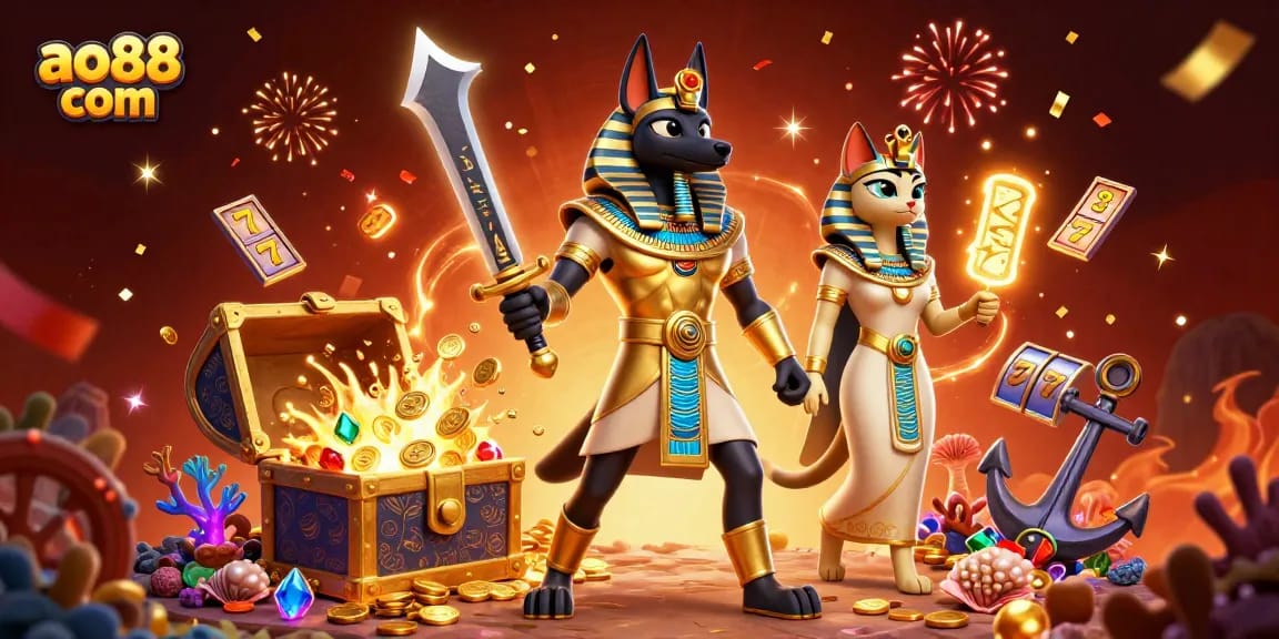 Spin winning slots on ao88 com with Anubis and Bastet in a vibrant casino adventure.