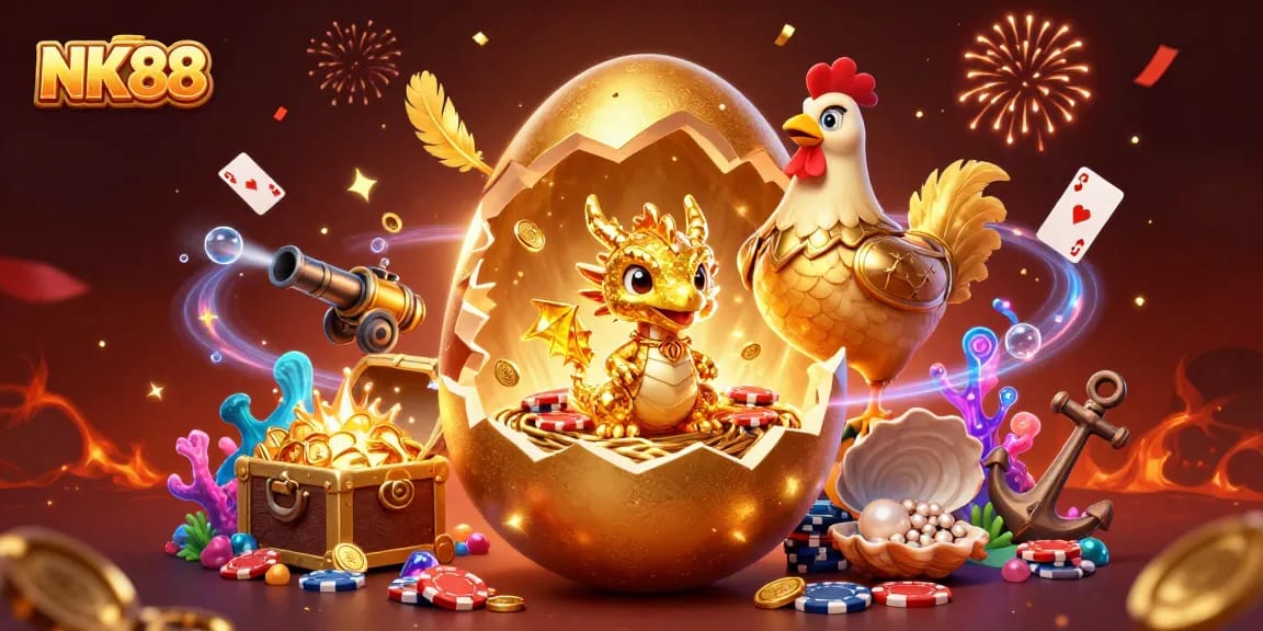 Experience thrilling wins at NK88 with a golden baby dragon and poker chips immersed in a vibrant casino scene.