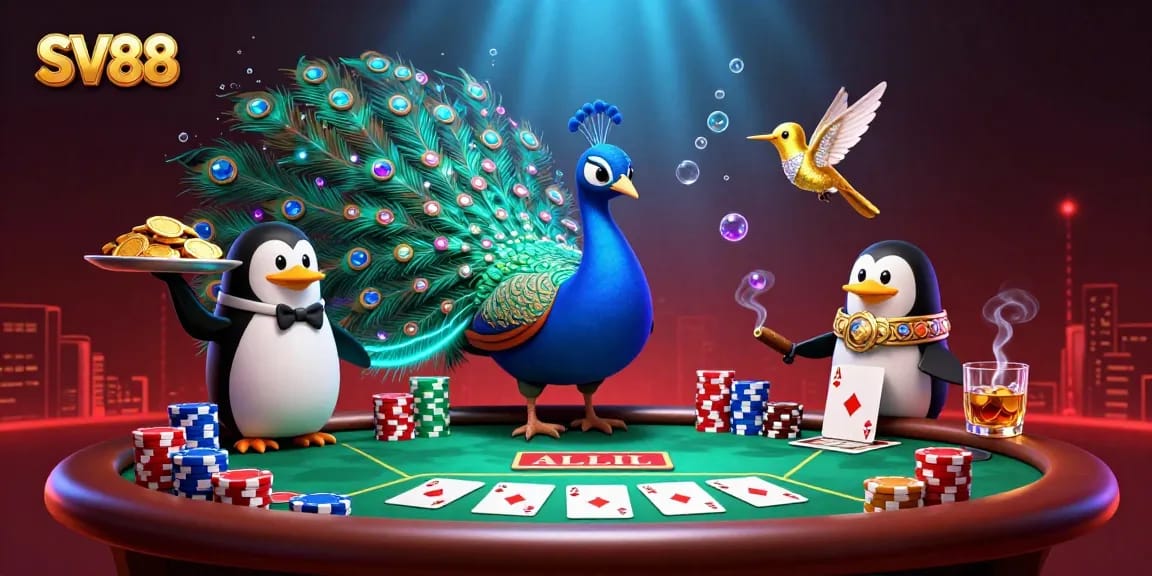 Experience exciting SV88 gaming with a peacock and penguin at a vibrant poker table