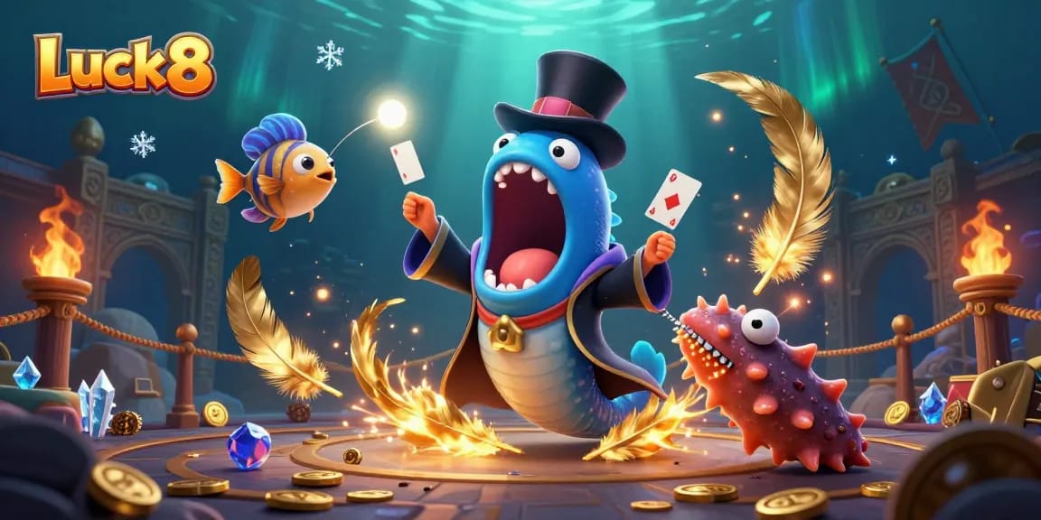 Luck8 showcases a bioluminescent eel performing card tricks at an underwater casino scene, creating excitement.
