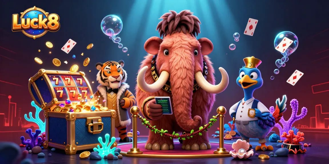 Immerse in Luck8's casino action with colorful games, golden treasures, and vibrant characters