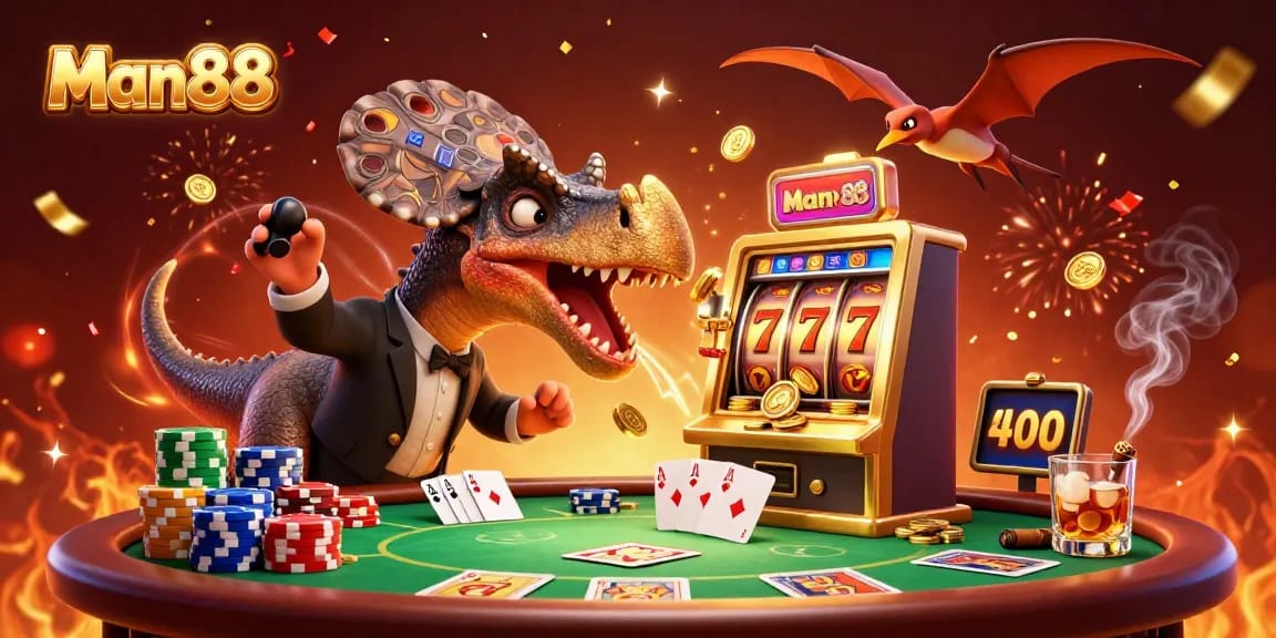Man88 slots scene featuring dinosaurs winning jackpots and collecting coins through an exciting casino atmosphere.